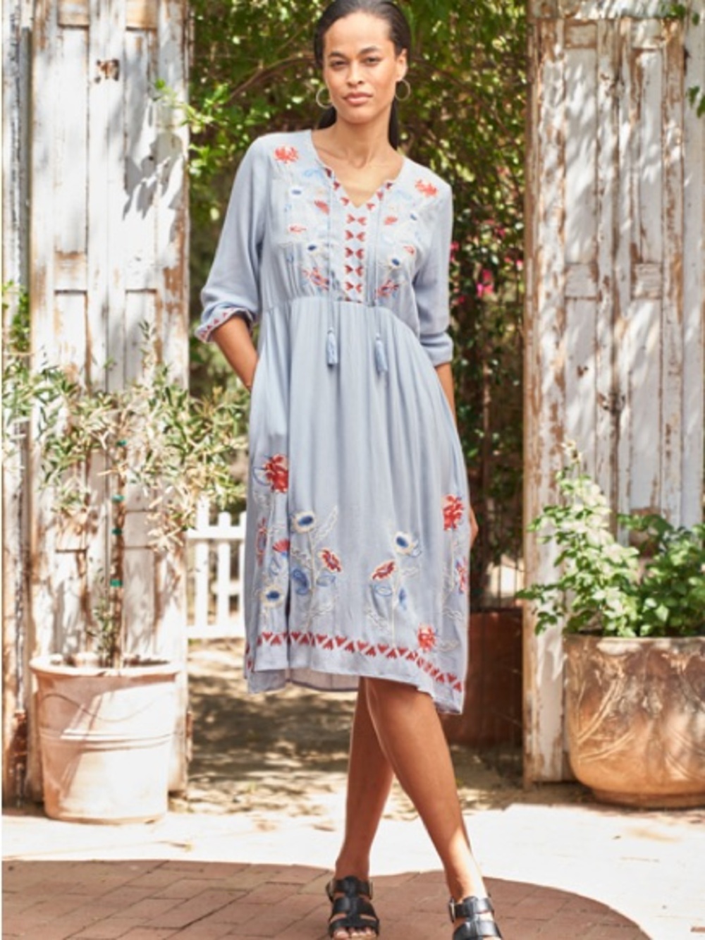 Embroidered Light Blue V-Neck Midi Dress with Tassel Detail